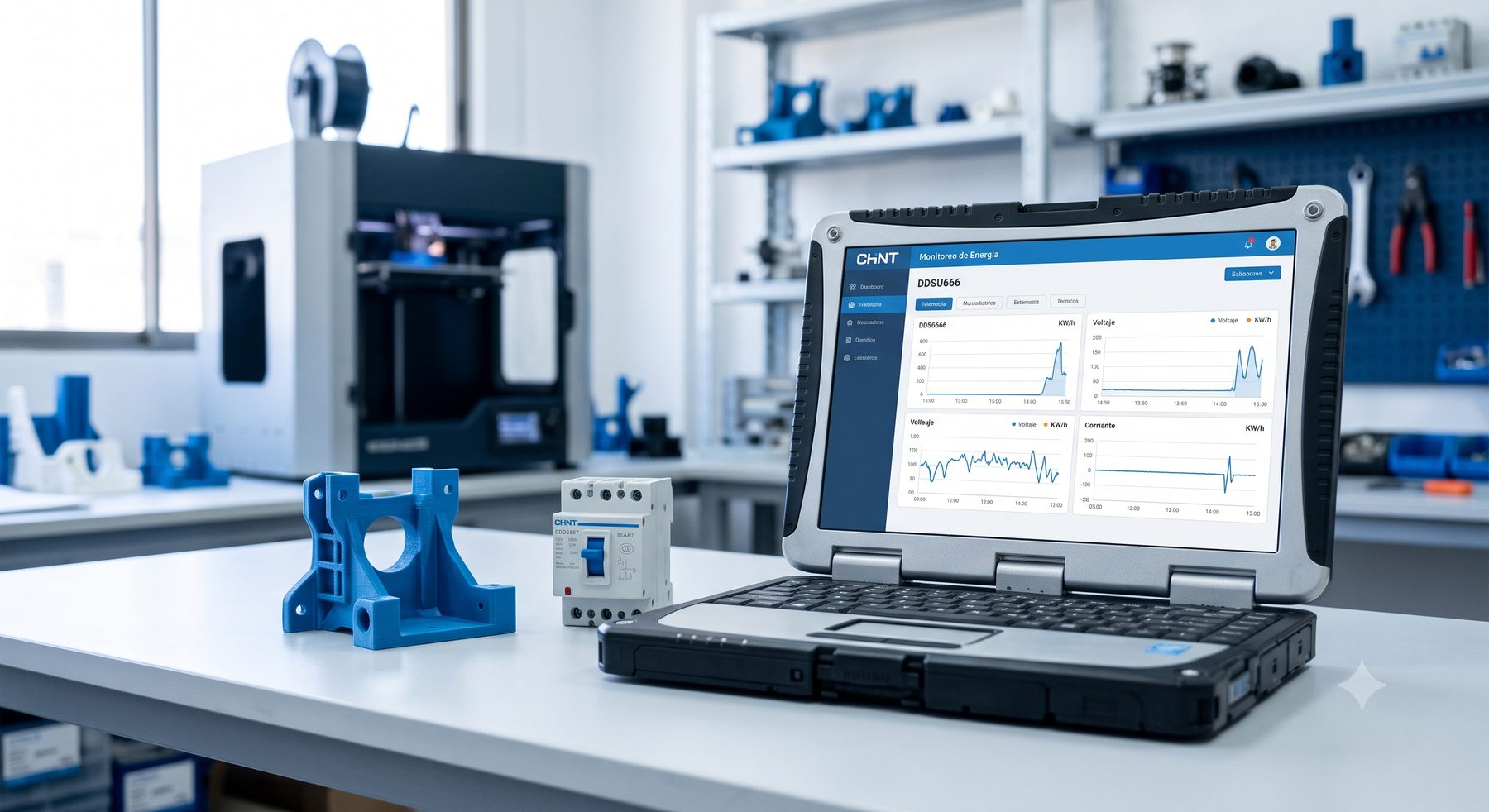 Banco de laboratorio con impresora 3D, pieza impresa, interruptor CHINT y panel de monitoreo de energía en pantalla